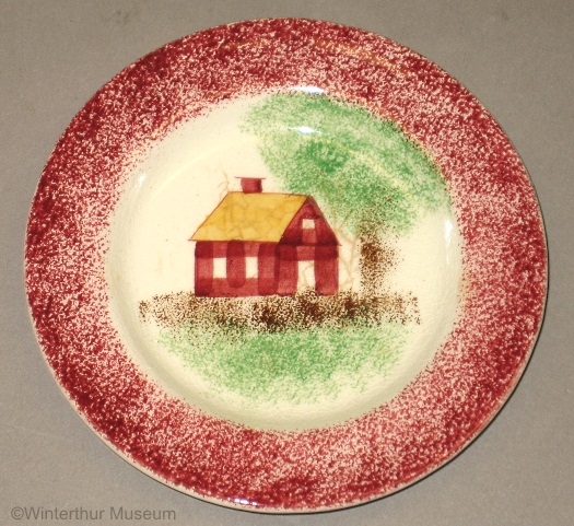 SCHOOLHOUSE CUP PLATE red spatterware by Cybis 1940s